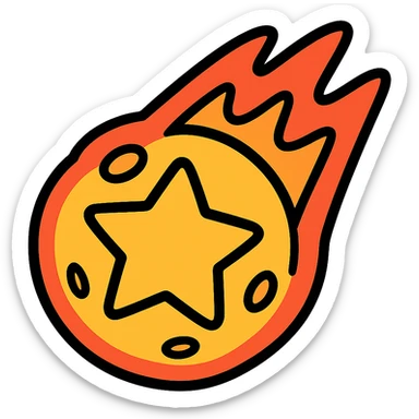 Brawl Stars pin showing a golden meteor with a star, cartoonish expressive, bold outlines, vibrant colors sticker
