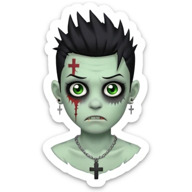 zombie boy with spiky emo black hair and white shirt , tattos, a risk on the eyebrow, earings,  a necklace with a cross, green skin emoji  sticker