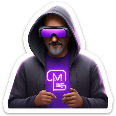 Big Lebowski wearing a black hoodie with "OMG" letters on it and VR headset oculus quest 2 in a cyberpunk VR environment with violet neon lighting. sticker