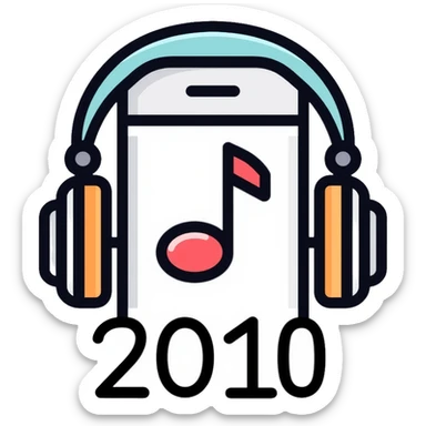 Music playlist icon with smartphone, headphones, and "2010" text, representing 2010s decade music sticker