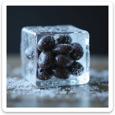 Make this image photorealistic, with black beans inside a clear ice cube. Add visible frost and condensation on the surface. Keep the background transparent. sticker