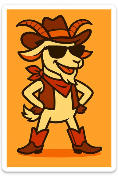 Add cool black sunglasses to the goat cowboy, keep the vibrant cartoon style. sticker