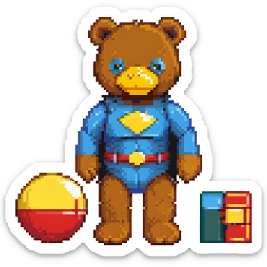 classic childhood toys scattered - brown teddy bear, yellow duck toy, primary colored blocks, red ball, superhero figure sticker