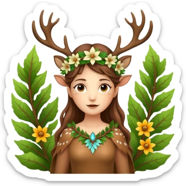 forest fairy woman dressed as deer spirit, antler crown and leaf dress, standing in flowers sticker