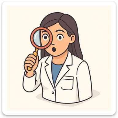 front view of a female doctor with dark long straight hair, detailed brown eyes (not dots), wearing a white coat, looking straight at the camera through a magnifying glass, surprised facial expression, minimalist background, 2D isometric style sticker
