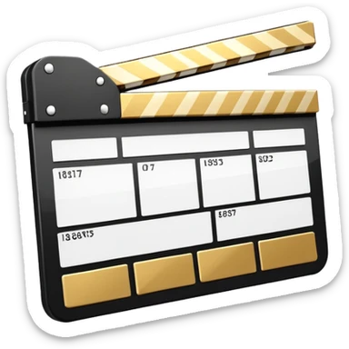stylized clapperboard with shiny gold upper part and white lower part, diagonal striped pattern sticker