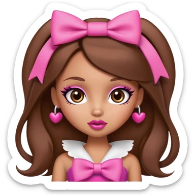 Bratz doll character with brown hair, pink bow, big lips, and foxy eyes sticker