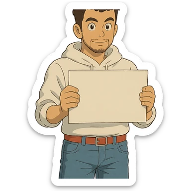 1 male, mid fade haircut dark chestnut brown curly hair, toasted lightskin, white hoodie sleeves up, fashion jeans, red fashion-sneakers shoes, red belt, short trimmed beard and goatee,  style of deku from "my hero academia", pose: holding a blank poster chest level, the image is framed from the waist to above the top of the head sticker