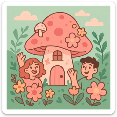 pink cottagecore mushroom with floral accents, soft pinks and greens, dreamy and whimsical sticker