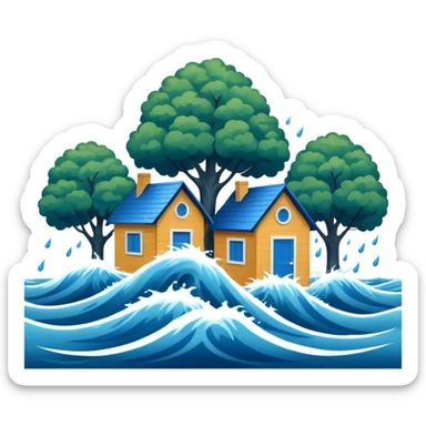 showing a flood disaster scene with powerful blue water waves overflowing around small houses and trees, dark cloudy sky, heavy rain falling, dramatic yet simple design sticker