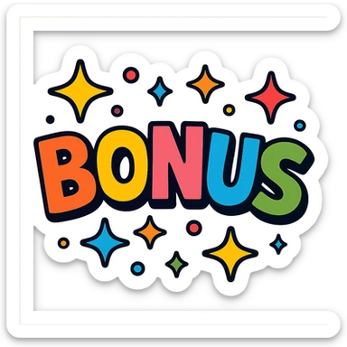 the word BONUS in large, eye-catching vibrant cartoon style letters surrounded by stars, no background or sign behind, just the letters and stars sticker