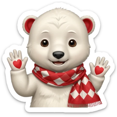 baby Polar Bear, smiling, hi five, wearing red Checkered Triangle scarf sticker