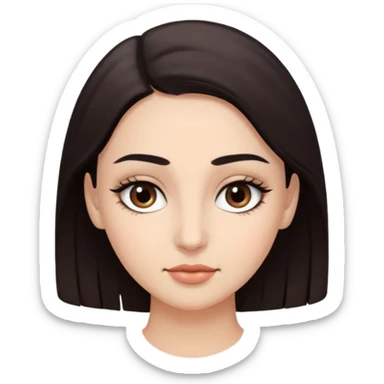 Rostro de forma ovalada con facciones delicadas. Ojos grandes y expresivos de color café oscuro, con pestañas largas y definidas. Cejas oscuras, pobladas y bien formadas. sticker