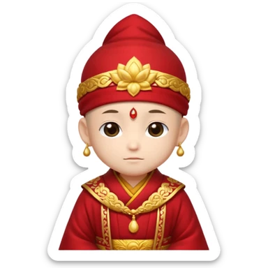 A small chibi-style monk character with red ceremonial robe with layered fabric and decorative gold-like patterns and an ornate red monk hat shaped like lotus petals.

 sticker