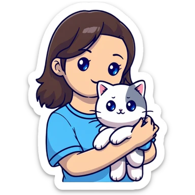 Cute Asian girl cradling a ragdoll cat with blue eyes and light colored fur with darker points sticker