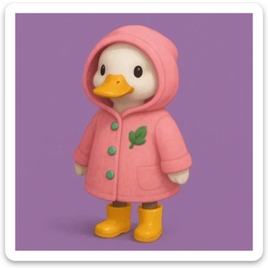 A duck wearing a pink hooded coat with green buttons and a green leaf on the chest, and yellow boots. The background is plain and purple. sticker