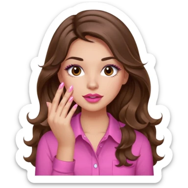 girl with long wavy brown hair, brown eyes, light to medium complexion, in a pink shirt, pink lips, long lashes, puckered lips, showing off a pink manicure sticker