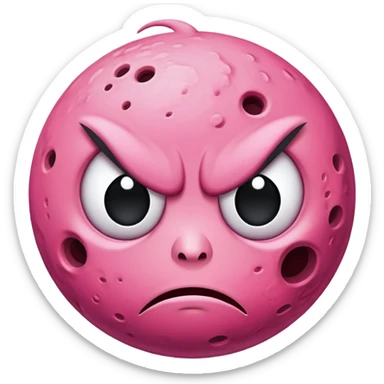 pink planet with craters and an angry face with furrowed eyebrows sticker