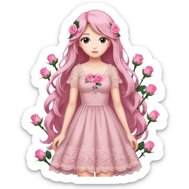 pastel anime woman with pink roses lace dress full body sticker