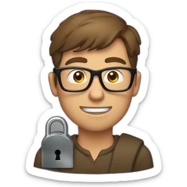 brown-short-haired man wearing glasses, struggling to fit a key into a door-lock sticker