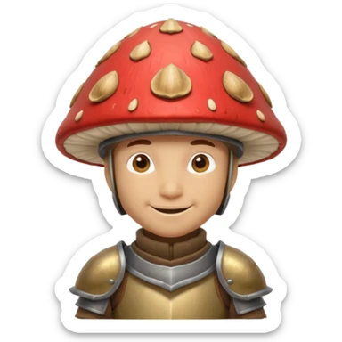 mushroom knight portrait, head and shoulders only, helmet made entirely of a large mushroom cap, textured mushroom surface, tiny fantasy armor collar, heroic smile, magical forest vibe, 3D cartoon, mobile game icon style, clean background, no text, no watermark
 
 sticker