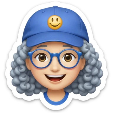 female yellow smiley face emoji, big smile, winking, wearing a blue ballcap backwards, grey curly hair, glasses, no eye color, face only, less detail, no ornament on hat sticker