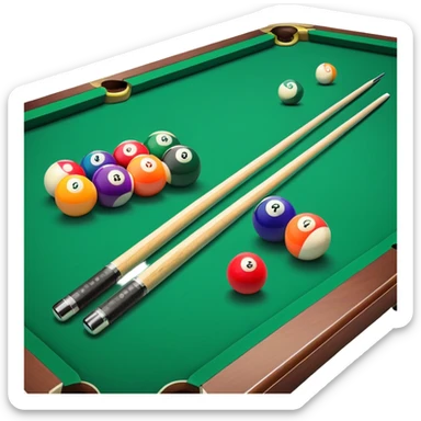Two crossed pool cues resting on a billiard table, with colorful billiard balls scattered across the surface. The background features the felt of the table, creating an inviting atmosphere for a game of precision and strategy sticker