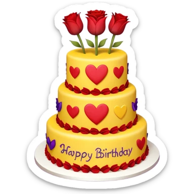 A large three teir cake with first mayer decorated with roses, second with Sunflowers and third with Tulips and Happy Birthday Dear written on top. sticker
