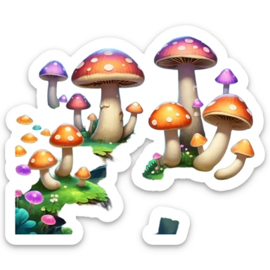  "A whimsical mushroom world filled with giant glowing mushrooms, soft bioluminescent spores floating through the air, and friendly oversized snails with colorful spiral shells exploring the landscape. Fantasy atmosphere, vibrant colors, dreamy lighting, highly detailed sticker