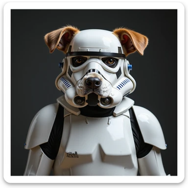 realistic dog dressed as a Star Wars stormtrooper, full costume, detailed armor, lifelike fur, photorealistic style sticker