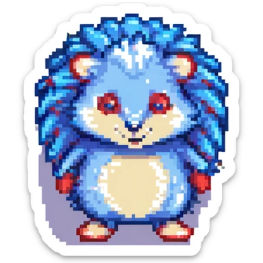 Sonic the Hedgehog, blue cartoon hedgehog with red shoes, energetic pose, pixel art style sticker