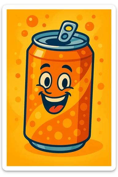 happy orange soda can, cheerful and bubbly, vibrant toon style sticker