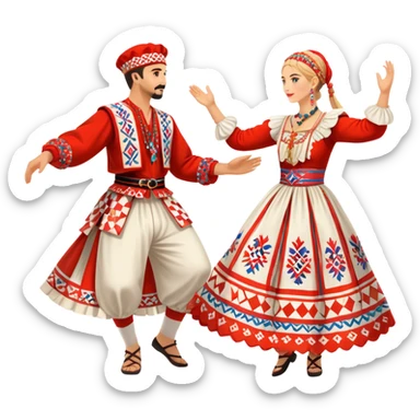 Cinematic Realistic scene of two performers engaging in the Croatian Linđo folk dance, adorned in vibrant traditional costumes with intricate patterns and accessories, captured in graceful, synchronized motion under festive natural lighting. sticker