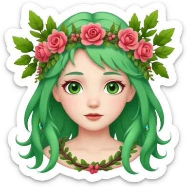 A forest princess with green hair, green eyes, wearing a wreath of flowers and branches sticker