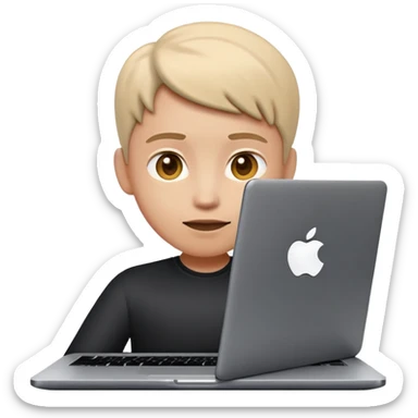 A dark-colored laptop with the screen open. From the screen, a person is emerging, standing or sitting as if giving a lecture or teaching. The person should look expressive and in a teaching pose. Soft shadows, semi-3D Apple emoji style, clean white background. sticker