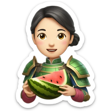 the face of a girl from medieval China in beautiful armor eating a watermelon sticker