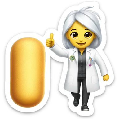 DNA strand  with sunshine face ￼￼ wearing a lab coat given a thumbs up while riding a pogo stick with a miniature unicorn on her shoulder wearing a lab coat that is gold eating a Twinkie sticker
