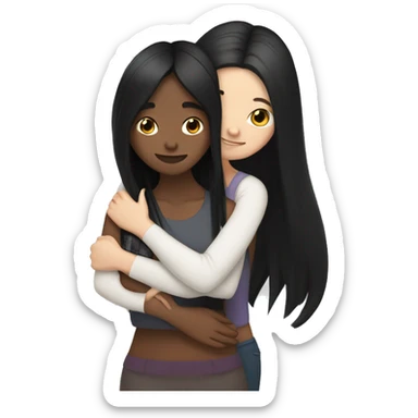 Lesbian with long black hair and white skin hugging her girlfriend from behind sticker