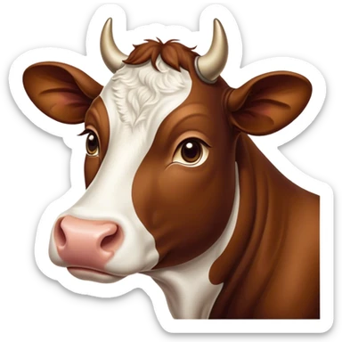 Cinematic Noble Brown and White Cow Portrait Emoji, Poised and regal, with a large, sturdy build and a beautifully patterned hide of rich brown accented by crisp white patches, deep-set soulful brown eyes, Simplified yet sharp and sophisticated features, highly detailed, glowing with a soft, dignified glow, high shine, intelligent and calm, stylized with an air of pastoral majesty, focused and attentive, soft glowing outline, capturing the essence of a watchful and confident bovine guardian, so majestic it feels as though it could amble out of the screen with effortless authority! sticker