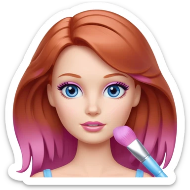 Barbie girl Chestnut-red Shoulder-length hair and blue eyes is In pale purple smears by hand cosmetic cream on her face sticker