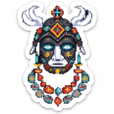 sackface character with elaborate ritual symbols stitched into mask sticker