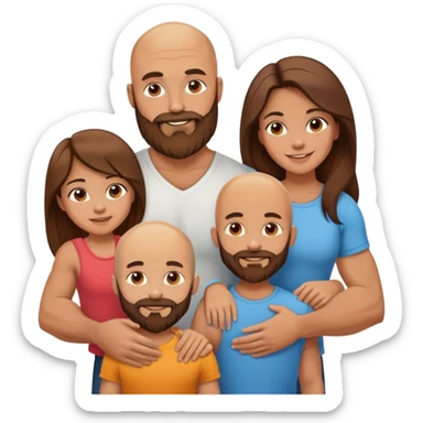 Happy Muscular Bald beard man and his hot wife with long brown hair and 3 sons sticker
