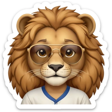 head and shoulders close-crop of a friendly anthropomorphised female lion wearing a baseball shirt and dark sunglasses sticker