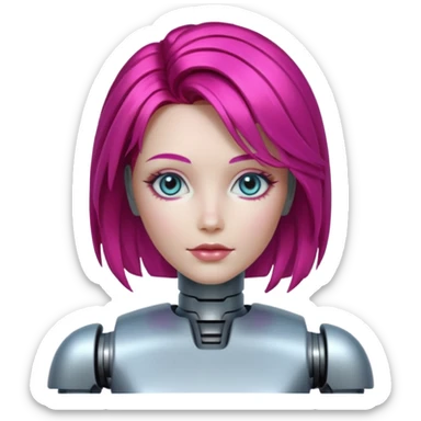 female vibrant hair color metalic robot face not human face sticker