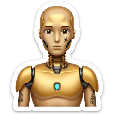 gold Tatooed robot, big many tatooes on chest, neck and face, tatoo on face sticker