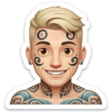 white man with bold face tattoo, happy face sticker