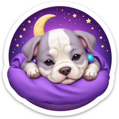 purple moon with a sleeping grey bull dog puppy with a purple collar sticker
