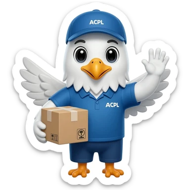 cute logistics mascot inspired by ACPL brand with small eagle wings, waving hello with a delivery package, professional emoji icon, blue and orange colors, clean minimal design sticker