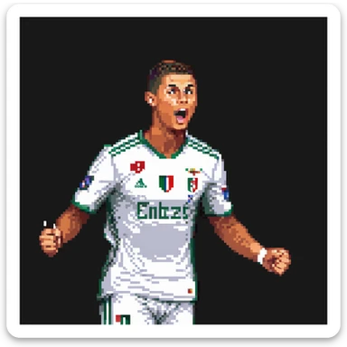 Pixel art of Cristiano Ronaldo celebrating a goal, football kit, retro 16-bit style, football pitch and stadium lights, sharp, clean pixels, rich contrast, vintage video game vibe, recognizable features: short hair, athletic build, determined expression sticker