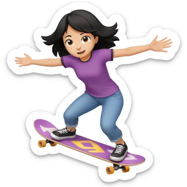black-haired girl mid-wipeout on a skateboard, arms flailing, energetic, fun emoji style sticker